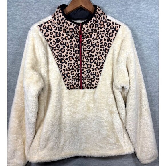BKE Womens Sherpa Fleece Leopard Print Quarter Zip Pullover Sz M - Picture 1 of 5